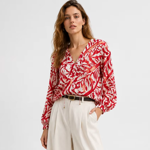Chemisier ample <span class=keywords><strong>pour</strong></span> femme en 100% Ramie, imprimé abstrait rouge, col en V, manches ballon, style bohème décontracté, hauts d'été - Product Image 1