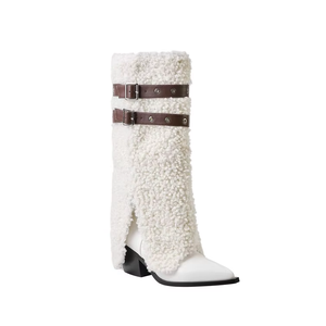 2025 <span class=keywords><strong>requin</strong></span> fausses plumes sur le genou Cowgirl bottes pour femmes fermeture éclair sans lacet avec semelles épaisses botte d'hiver - Product Image 2