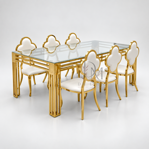 Ensemble de table à manger en acier inoxydable de qualité supérieure avec plateau en verre et chaises à dossier en forme de trèfle pour événements et banquets, vente en gros - Product Image 2