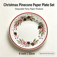 Assiettes en papier jetables de Noël 9 pouces, qualité alimentaire, imperméables, motif pomme de pin, ensemble de vaisselle de fête pour dîner de fin d'année