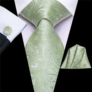 Corbatas tejidas florales de Jacquard italiano, corbatas de seda de lujo para hombre, corbata de seda de Cachemira verde bebé para hombre, conjunto de gemelos cuadrados de bolsillo