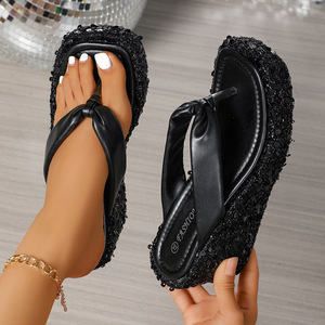 Sandales compensées à plateforme à bout pointu pour femme, sandales à talons moyens transparents, sandales à paillettes pour femme - Product Image 5