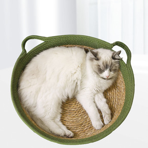 Cotton Rope And Cattail Woven <b>Cat</b> Bed Round Hand Washable Cooling Pet Bed For <b>Cats</b> Four Seasons Use - Product Image 1