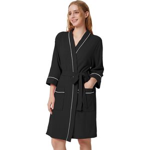เสื้อคลุมวาฟเฟิลนิตสำหรับผู้หญิง คิโมโนสั้น เสื้อคลุมอาบน้ำน้ำหนักเบา มีกระเป๋า แขน 3/4 ชุดลำลองสำหรับสปาและอาบน้ำ - Product Image 2