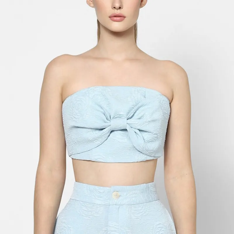 manufacturer custom clothing light blue party off shoulder crop tops for women