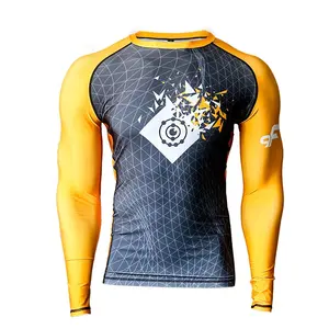 Progetta la tua Rush Guard Mma Bjj Sublimation all'ingrosso Rash Guard gialla e nera per uomini e donne