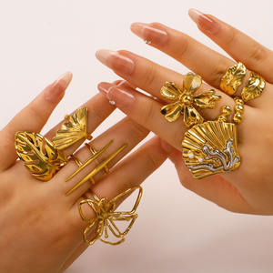 Ensemble de bagues ouvertes d'été en acier inoxydable plaqué or 18 carats, style océan, géométrique, coquillage, feuille, fleur, Hyperbole - Product Image 3