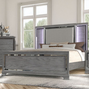 Ensemble de meubles de chambre à coucher gris moderne avec LED - Lit avec tête de lit rembourrée, commode et table de chevet - Product Image 1