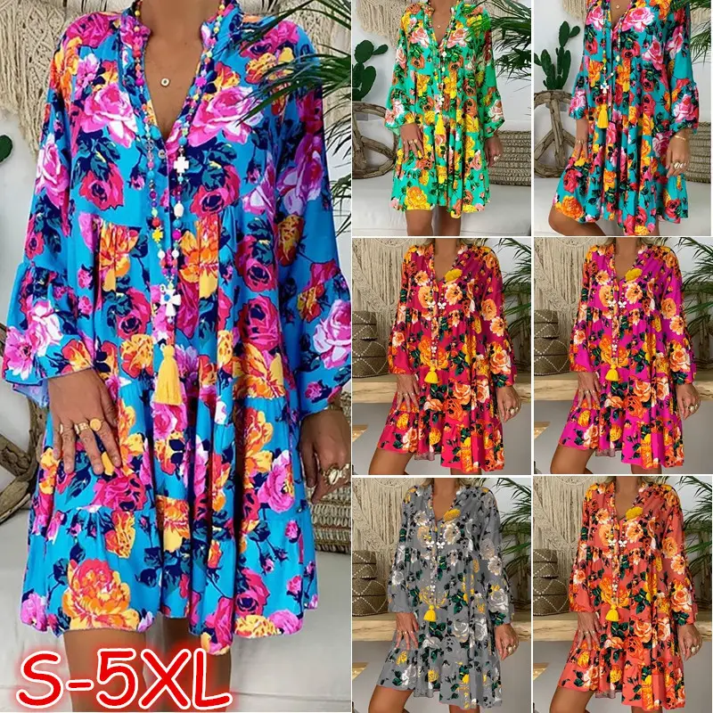 5XL Summer Boho Long Sleeve Maxi Shirts Dress Flower Floral Print Beach Dresses Loose Mini Party Tropical Tunic Dress Women
