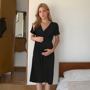 Gaun ibu hamil wanita, gaun kehamilan modis lengan pendek leher V perawatan mewah - Product Image 2