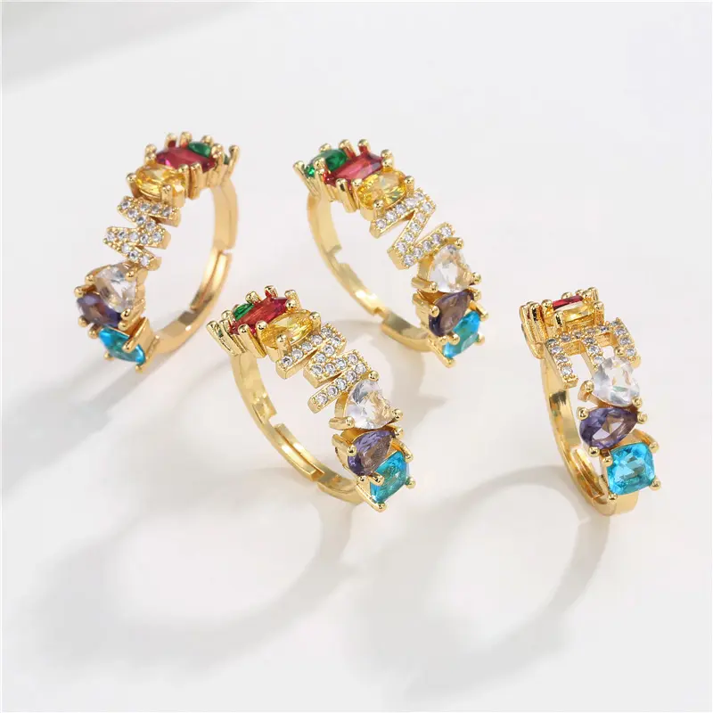 Anillos de circonia de colores chapados en cobre para mujer, 26 A-Z de lujo, anillos de cristal ajustables