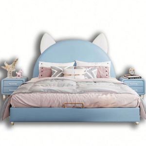Cama Moderna Estilo Nórdico para Niñas, Diseño de Orejas de Gato, Tamaño Completo, Madera Cómoda, con Tapizado de Algodón - Product Image 5