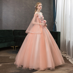 Pink Off The Shoulder Chiffon Ball Gown Dress With Floral Embellishment Empire Waistline Long Tutu Skirt For Wedding Hostess - Product Image 3