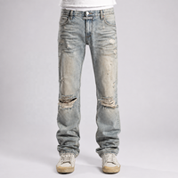 Jeans en denim de qualité supérieure pour hommes, poids moyen, logo personnalisé, déchirés, effet usé, coupe droite, style classique, coton avec élasthanne, service OEM