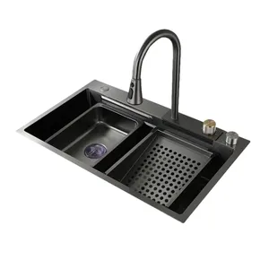 Morden Multi Function Stainless Steel Single Bowl Drain Basket Waterfall Kitchen Sink With Tray