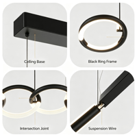 Lampu Gantung Cincin Hitam Modern, Lampu Chandelier LED Lingkaran Bersambung untuk Ruang Makan, Ruang Tamu & Foyer