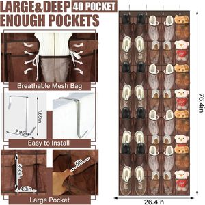 40 Pocket Over The Door <b>Shoe</b> Organizer Brown Mesh Hanging Rack For Closet Storage Foldable <b>Hook</b> Type - Product Image 3
