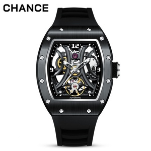 Unique Men Automatic Mechanical Hollow Tonneau Stainless Steel Case Silicon Band Self-Wind Movement <b>Watch</b> 1 Piece with Own logo - Product Image 3