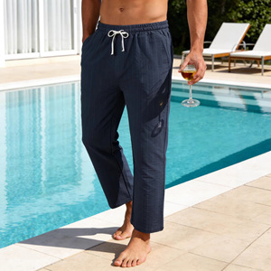 Men's Linen Striped Straight Fit Drawstring Pants Breathable <b>Summer</b> Casual Long <b>Trousers</b> - Product Image 4