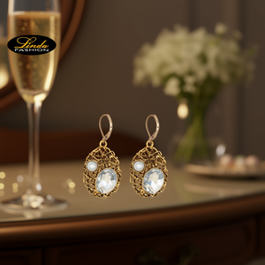 Pendientes de Cristal Ovalados Linda Fashion, Chapados en Oro Antiguo, Joyería de Fiesta para Mujer, Diseño de Perlas de Imitación - Product Image 2