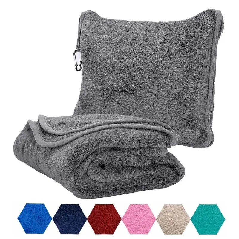 Tùy Chỉnh Sang Trọng Không Khí Du Lịch Hai Trong Một Kit Puffy Ấm Cúng Hãng Hàng Không Flannel Chăn Với Dây Kéo Pouch