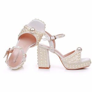 Sandales à Talons Épais de 9cm Bouche de Poisson, Racine Carrée, Plateforme, Perle Blanche, Chaussures de Mariée, Strass, Minces, Grande Taille - Product Image 3
