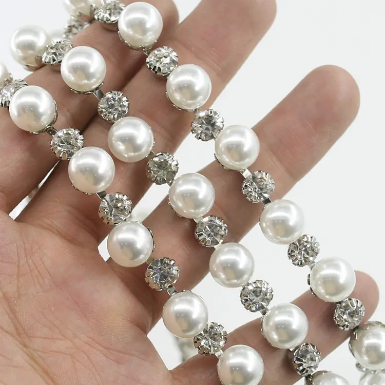 Fashion crystal fancy rhinestone chain trims with pearl crystal rhinestone stone Sew on cup chain for Garment Bags and DIY Dress