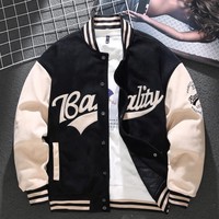 Blouson Baseball Rétro Homme Automne Hiver avec Broderie Américaine, Tendance en Fourrure de Lapin, Fermeture Éclair Avant, Vêtement Long Haut