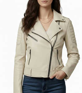 Veste de motard courte en peau de mouton véritable de qualité supérieure pour femmes, style classique beige, veste en cuir tricotée, fermetures éclair, poches - Product Image 1