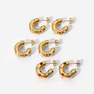 vintage stainless steel 18k gold plated geometric hoop c zircon plastic pearl beads paving earring women jewellery