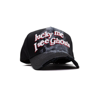Sombrero G5 Fino Dobby, Gorra de Béisbol de 5 Paneles con Diseño Deportivo de Letras en Gamuza, Bordado 'Lucky Me I See Ghosts', Diseño Desgastado
