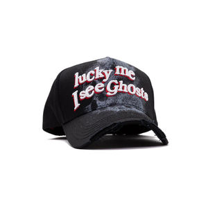Sombrero G5 Fino Dobby 5-Panel Baseball Cap with Sporty Suede Letter Pattern <strong>Lucky</strong> <strong>Me</strong> <strong>I</strong> <strong>See</strong> <strong>Ghosts</strong> Embroidery Distressed Design - Product Image 2