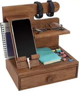ที่วางกุญแจโต๊ะข้างเตียงทำจากไม้อุปกรณ์จัดระเบียบนาฬิกาแท่นวางโทรศัพท์ไม้สำหรับผู้ชาย