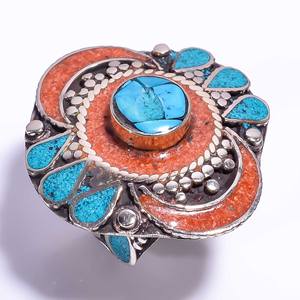 Bague en pierre précieuse de corail turquoises naturelles, anneau Antique en argent tibétain, bijou fin - Product Image 2