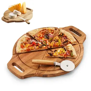 Tabla de cortar de madera decorativa de alta calidad Tabla de cortar de madera para Pizza Tabla de cortar redonda con cortador de acero inoxidable