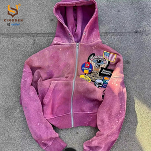 Nouvelle Veste Sweat à Capuche Zippée Style Urbain Personnalisée, Coupe Ample, Patchwork, Broderie, Effet Usé et Délavé à l'Acide - Product Image 1