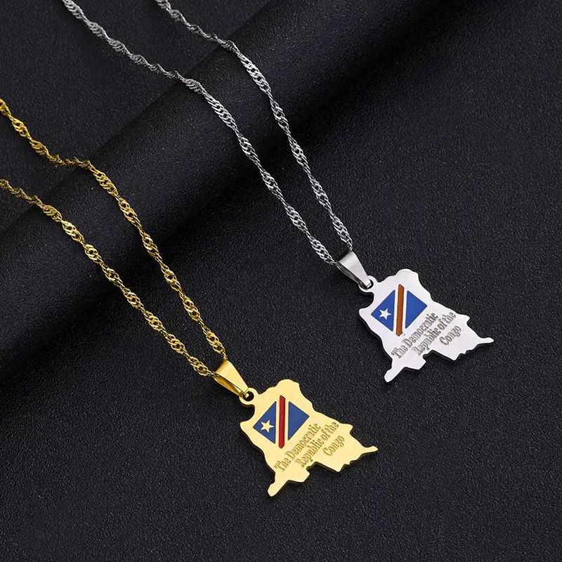 Vente en gros de goutte d'huile plaquée or 18 ct drapeau de la République démocratique du Congo carte collier pendentif en acier inoxydable