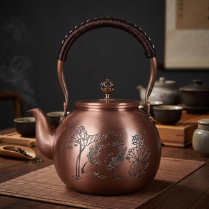 Traditional Chinese Metal Tea Kettle With <b>Lid</b> And Handle Copper Color Floral Design Water <b>Pot</b> - Product Image 5