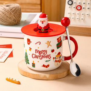 Taza de cerámica navideña con tapa y cuchara de 350 ml, resistente al calor, diseño de dibujos animados, para regalo. - Product Image 1