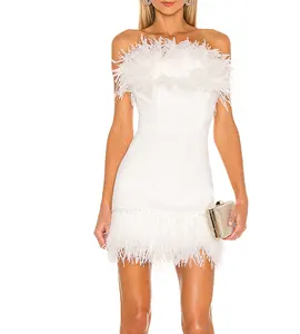 Summer 2022 women clothing custom private label women unique design medium pound crepe ostrich feather trim dresses