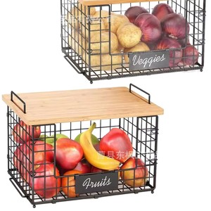 Wooden Metal Storage <b>Basket</b> With Cutting Board For Kitchen Fruit <b>Vegetable</b> Organizer Durable Rectangle <b>Standing</b> Type - Product Image 2