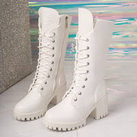 Bottes blanches à lacets pour femmes, à talon épais, bout rond, semelle à crampons, mi-mollet, style gothique punk