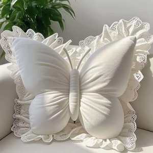 M New Pink Velvet Butterfly Throw <b>Pillow</b> With Lace Trim Cute Home <b>Decorative</b> Cushion For Bedroom Sofa - Product Image 5