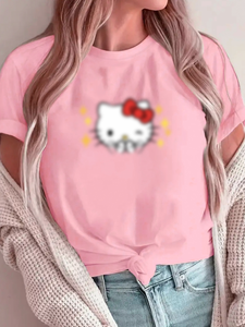 <span class=keywords><strong>T</strong></span>-<span class=keywords><strong>shirt</strong></span> blanc en polyester personnalisable pour femme, col rond, respirant, coupe ajustée, avec logo de chat de dessin animé, vente en gros - Product Image 4