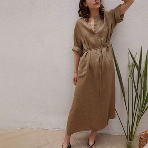 All'ingrosso personalizzare il servizio OEM tessuti eco-friendly in lino 100% stile t-shirt lungo per ragazze vestito a manica lunga con <span class=keywords><strong>colletto</strong></span> mandarino donna - Product Image 4