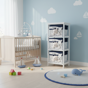 Cassapanca Portaoggetti Portatile HMS 12.5\" X 16\" X 35.5\" Bianco Blu con 3 Cassetti Modello AL1032 Prodotto in Cina - Product Image 5