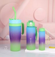 Lot de 3 Gourdes en Plastique Bouteille d'Eau Dégradée de 40 oz avec Paille et Poignée pour Sport et Gym