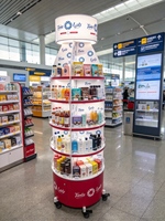 Présentoir de vente au détail rotatif à 360° personnalisé avec boîte lumineuse et roulettes, présentoir multi-niveaux pour snacks, cosmétiques et produits pharmaceutiques