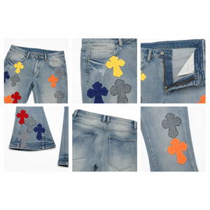 Jean en denim évasé vintage multicolore élégant avec patchs décoratifs et poches latérales pratiques pour le style streetwear et le hip-hop au quotidien - Product Image 6