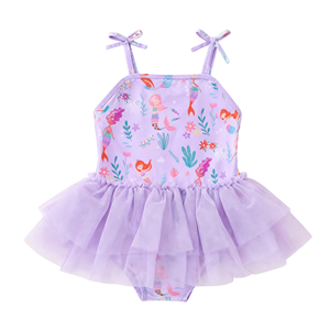 Maillot de bain une pièce tutu pour petites filles, <span class=keywords><strong>bleu</strong></span> clair, imprimé algues marines, nœud papillon, bretelles spaghetti, <span class=keywords><strong>jupe</strong></span> en <span class=keywords><strong>tulle</strong></span> - Product Image 2